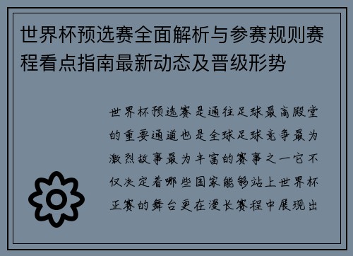 世界杯预选赛全面解析与参赛规则赛程看点指南最新动态及晋级形势